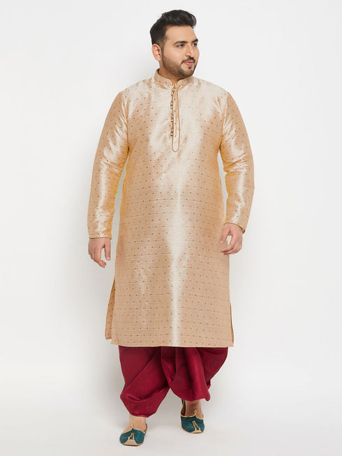 Vastramay Men's Plus Size Gold Zari Weaved Kurta Dhoti Set
